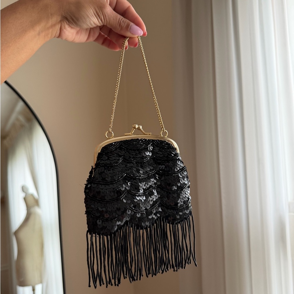 Banana Republic Black Sequin Beaded Fringe Evening Bag with Gold Chain